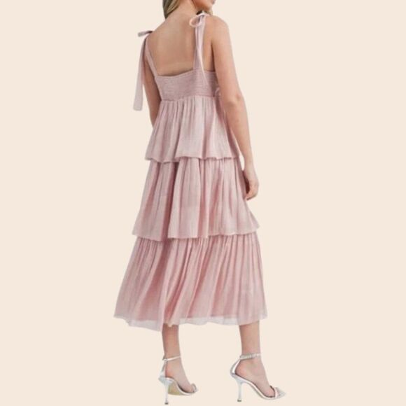 Lush Blush Pink Tie Strap Shimmer Tiered Midi Dress Size Medium - Picture 2 of 14